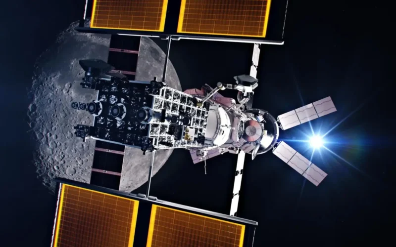 An artist’s rendering of the Gateway lunar space station in polar orbit around the Moon. (NASA/Alberto Bertolin)