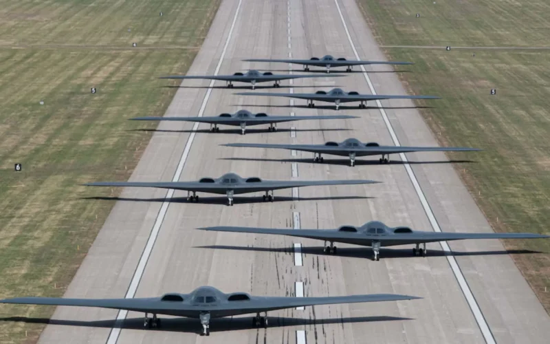 B-2 Spirit stealth bombers assigned to Whiteman Air Force Base taxi and take-off during exercise Spirit Vigilance on Whiteman Air Force Base on November 7th, 2022.