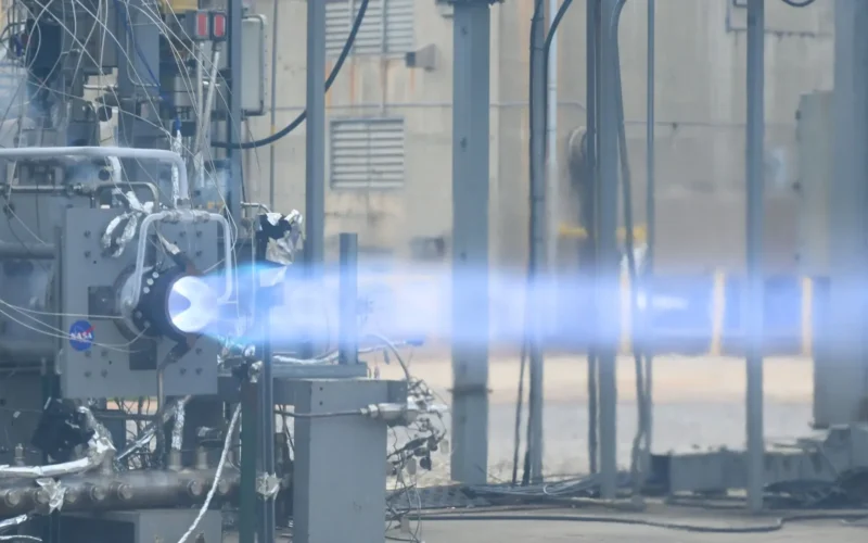 A prototype rotating detonation engine under test at the Marshall Space Flight Center.
