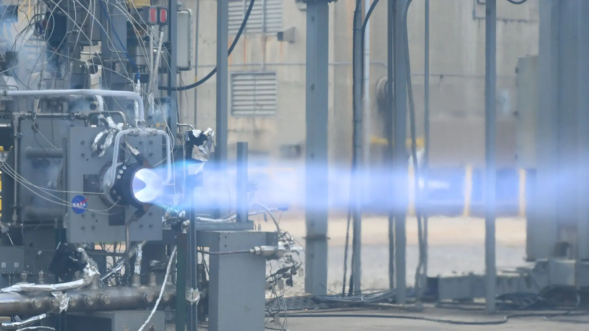 A prototype rotating detonation engine under test at the Marshall Space Flight Center.
